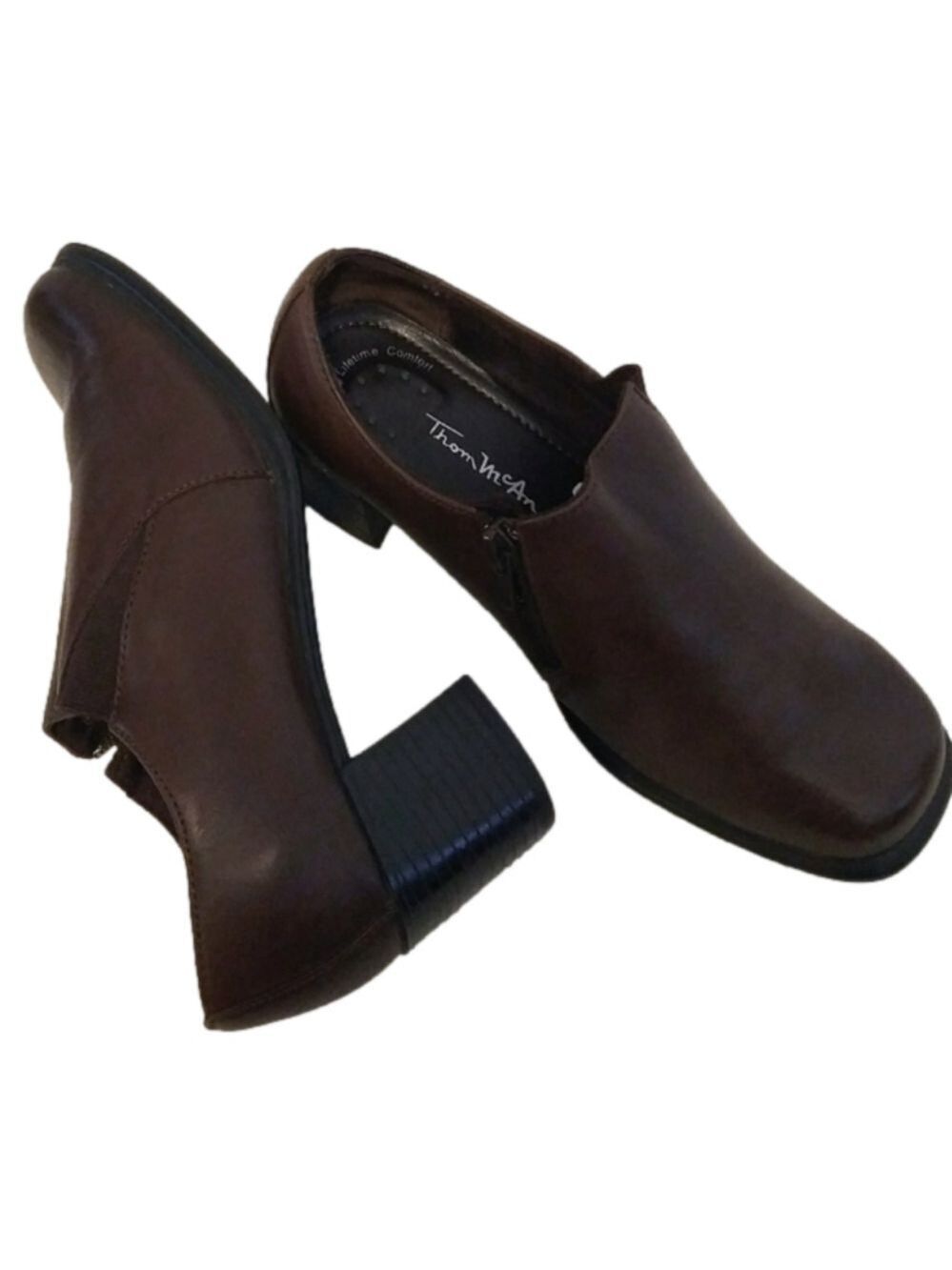 Thom McAn Dark Brown Leather Square Toe Stacked Heel Slip On Ankle Booties